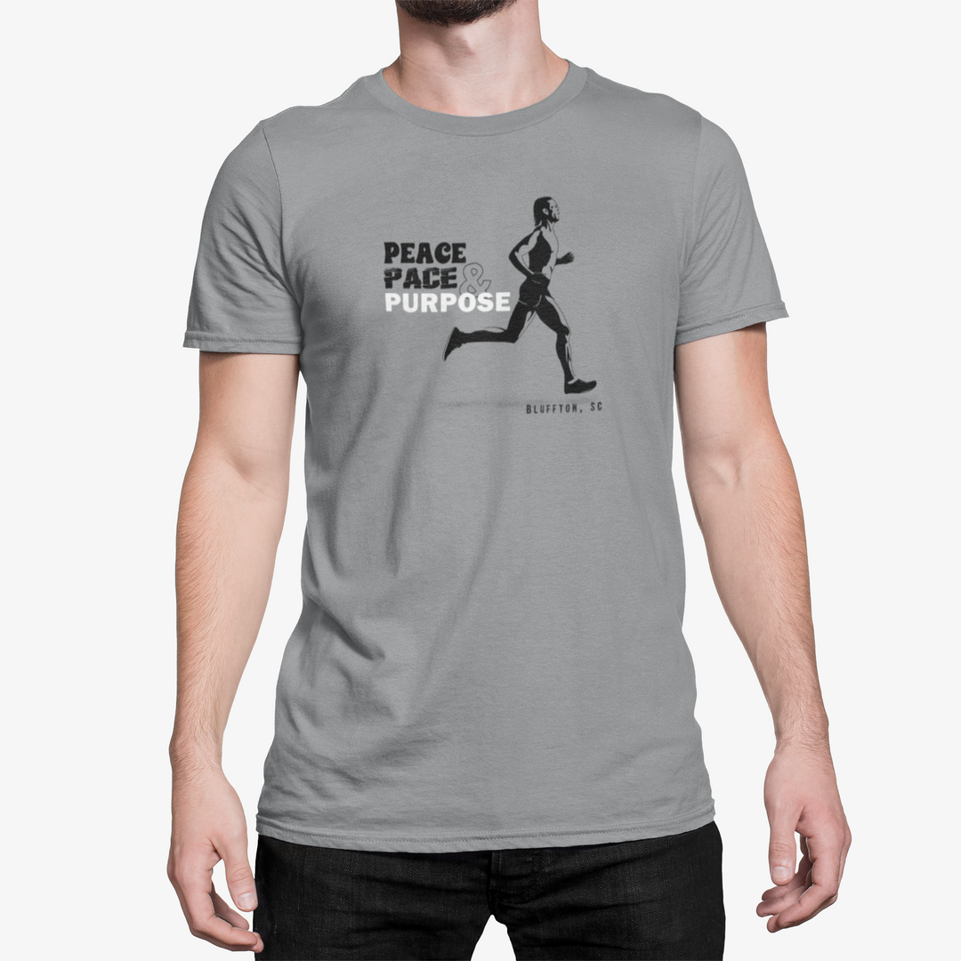 Gray t-shirt with hand drawn running graphic and text Peace Pace & Purpose