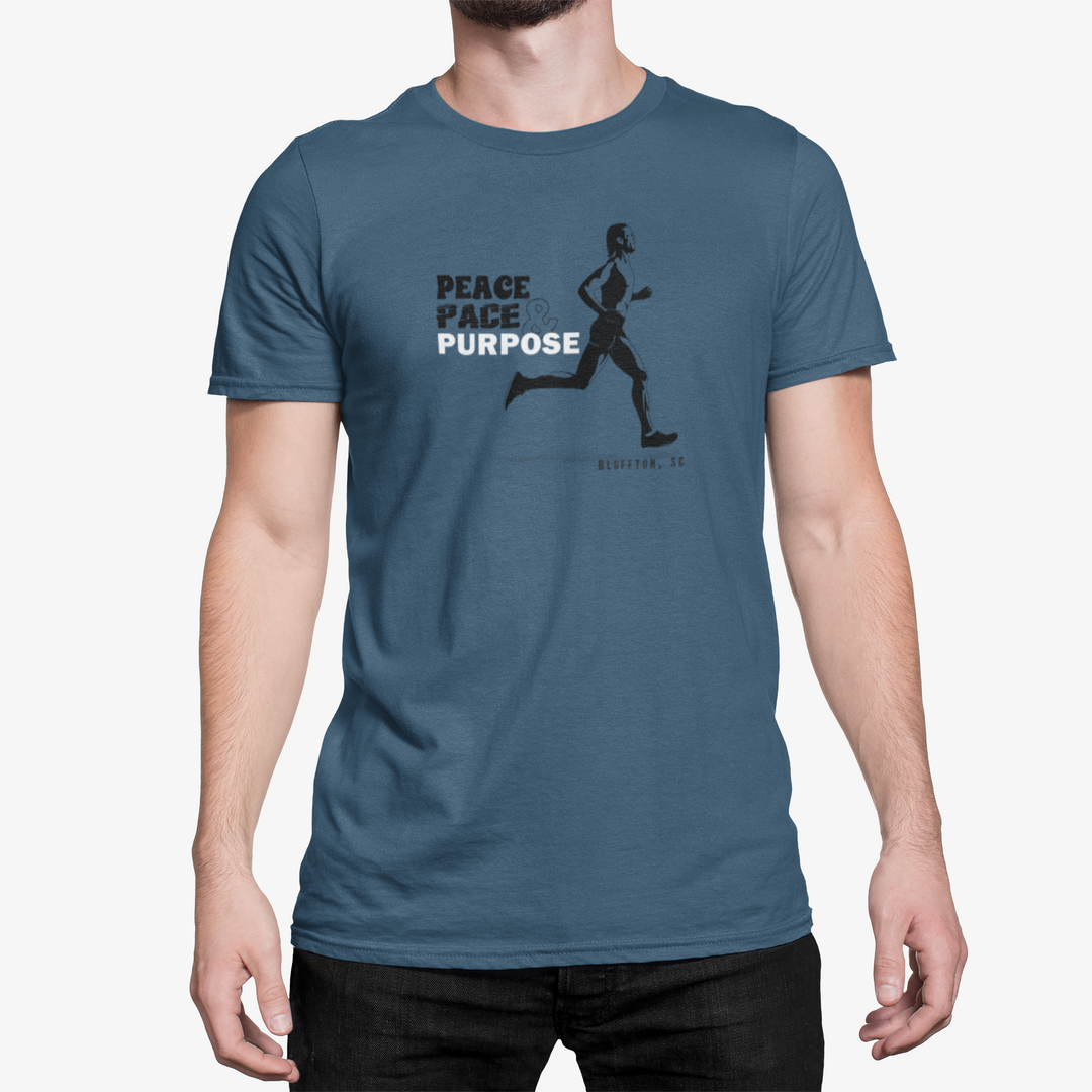 Blue t-shirt with a graphic and text Peace Pace & Purpose