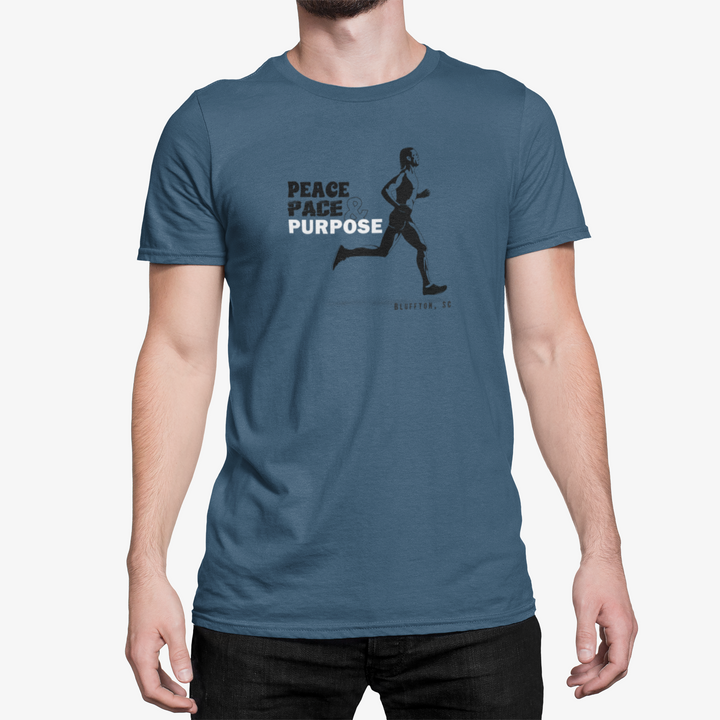 Blue t-shirt with a graphic and text Peace Pace & Purpose