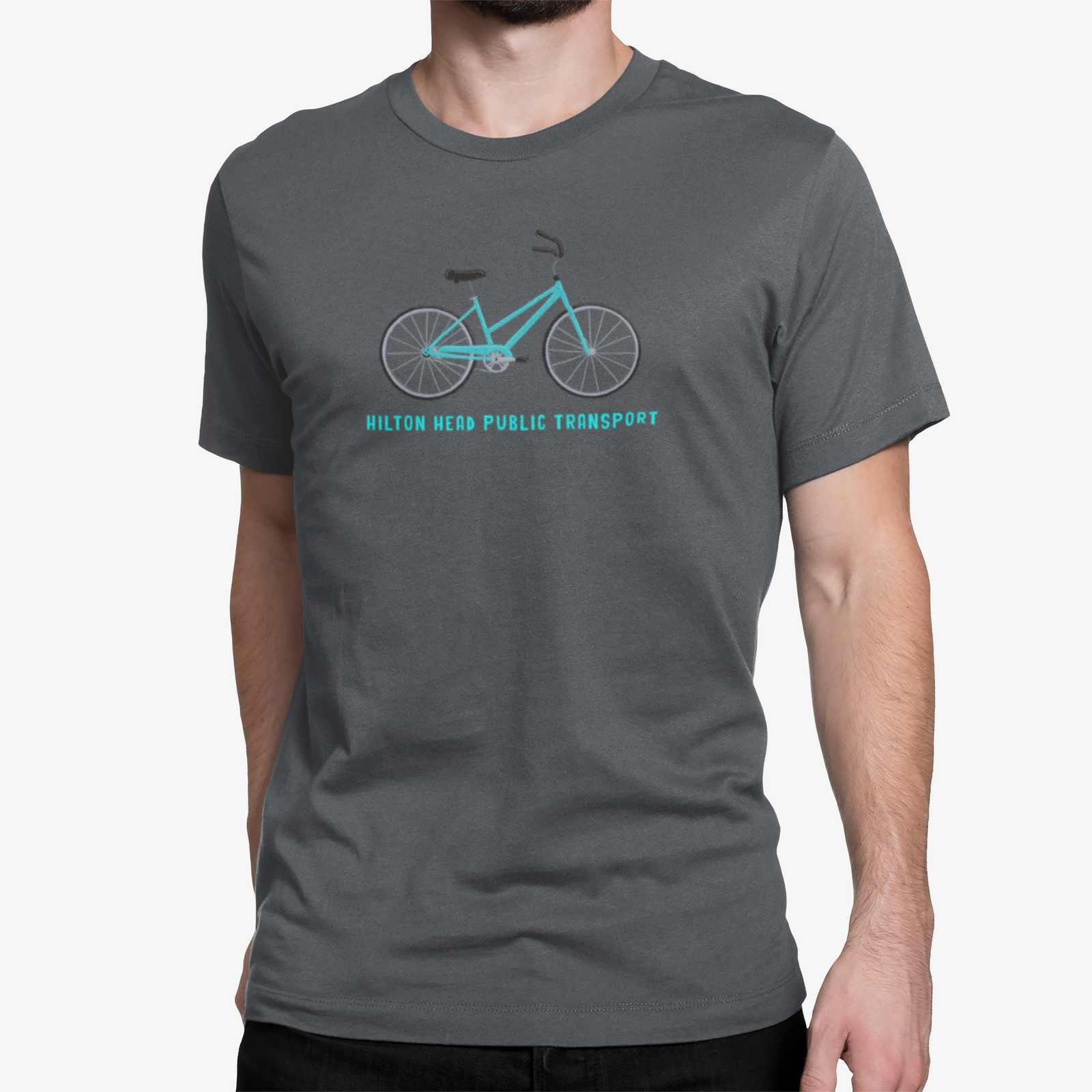 Person wearing a gray t-shirt with a bicycle graphic and text Hilton Head Public Transport 