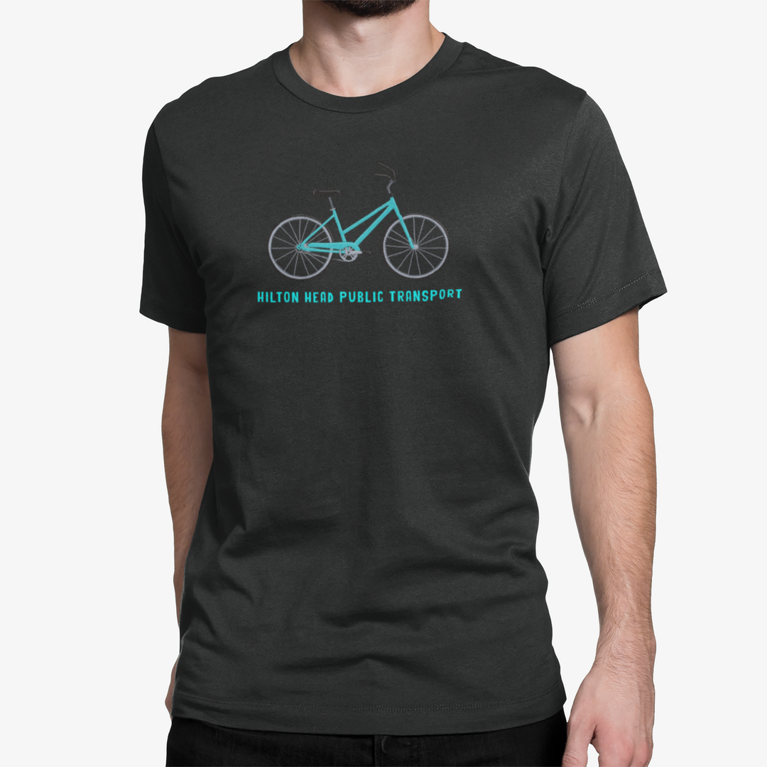 Black t-shirt with a bicycle graphic and the text Hilton Head Public Transport