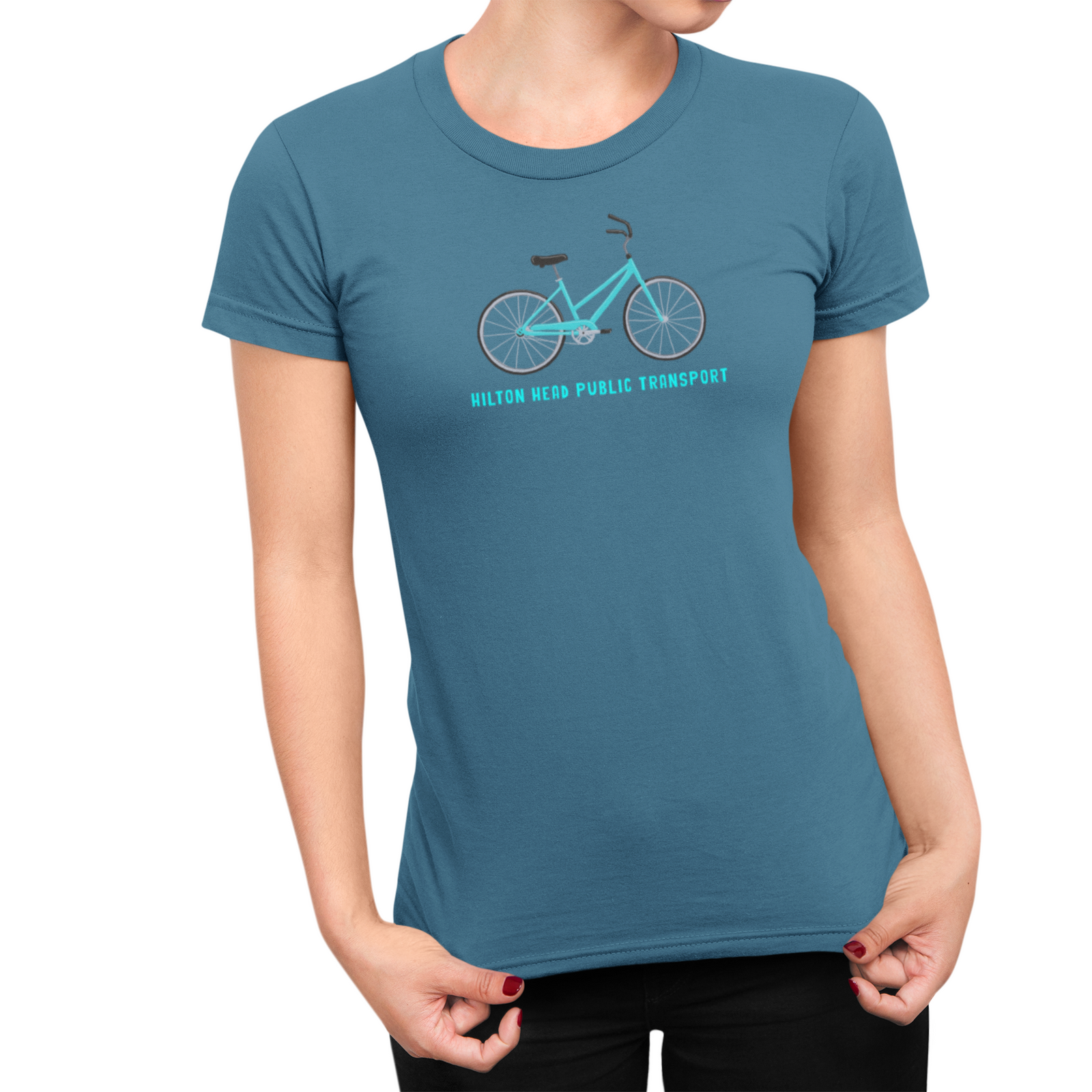 Person wearing a blue t-shirt with a bicycle graphic and text on a white background with the wording Hilton Head Public Transport