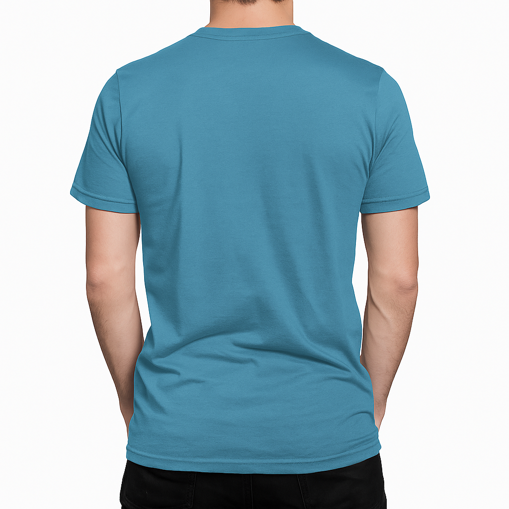 Blue t-shirt worn by a person on a white background