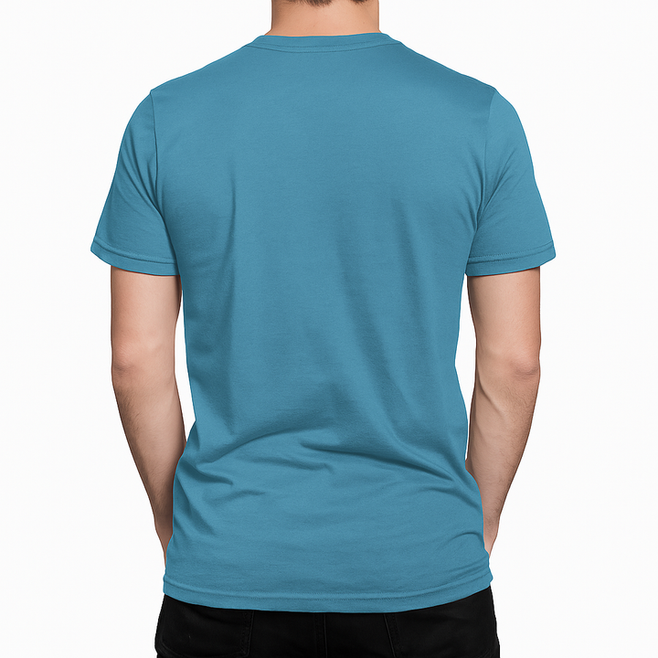 Blue t-shirt worn by a person on a white background
