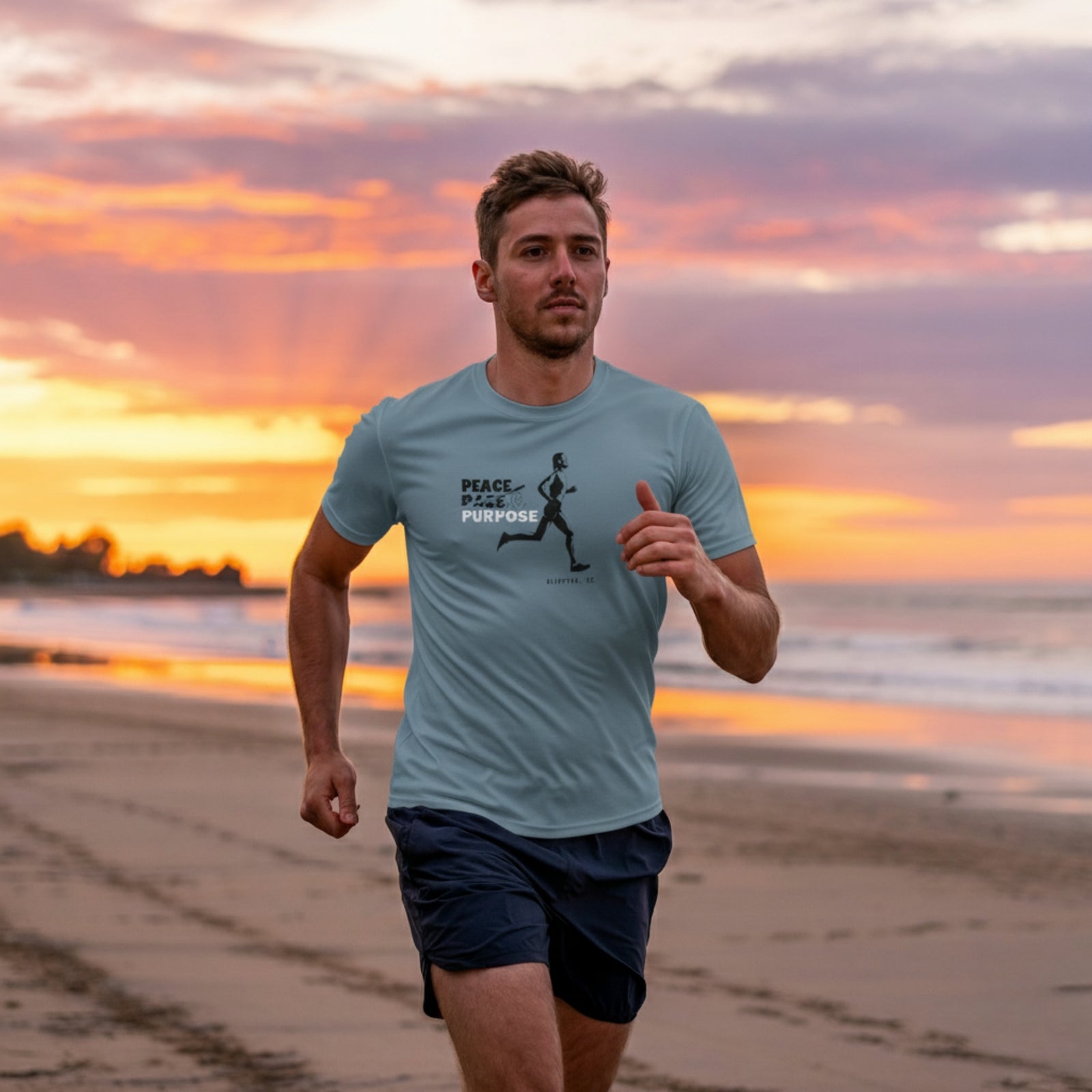 Man running on a beach at sunset with a t-shirt with the text Peace Pace & Purpose