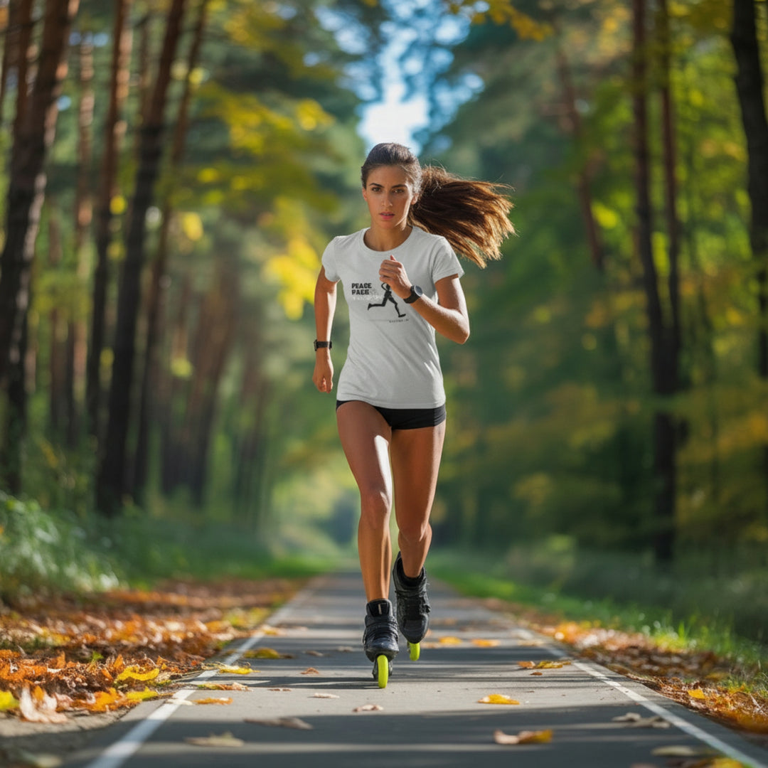 Woman running on a path in a forest wearing a grey tshirt with the wording Peace Pace & Purpose
