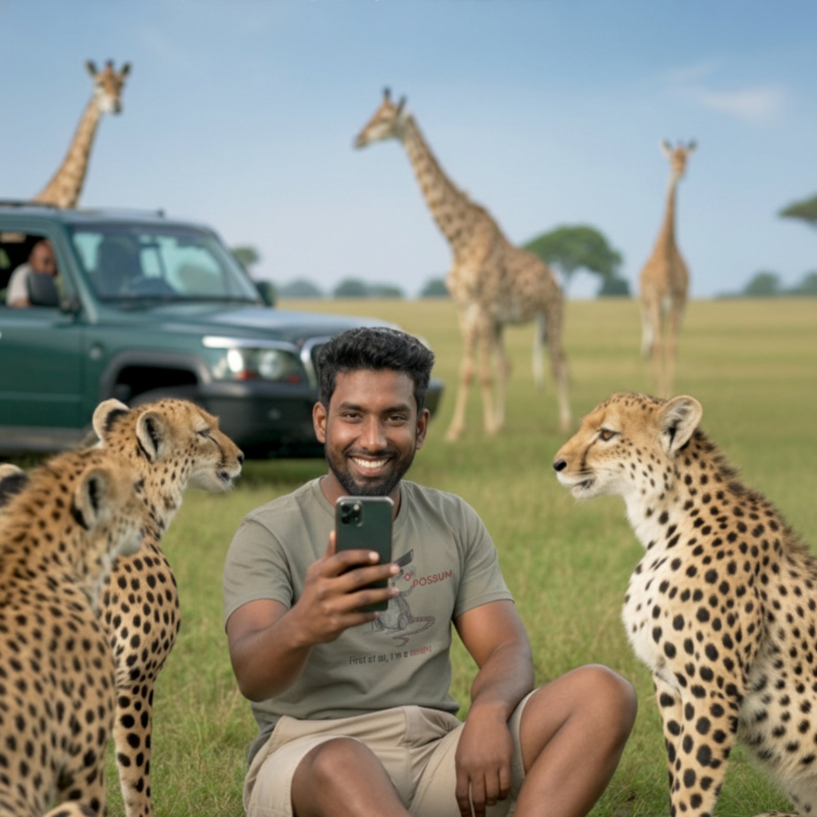 Man taking a selfie with cheetahs and giraffes in a safari setting wearing a shirt with a hand drawn possuma and the wording First of all I'm a delight