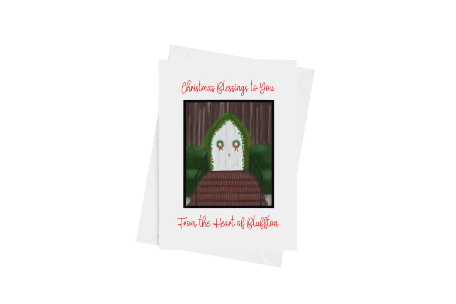 Bluffton chapel door Christmas card by Marshpuppy, hand-drawn Lowcountry holiday greeting with Southern charm.