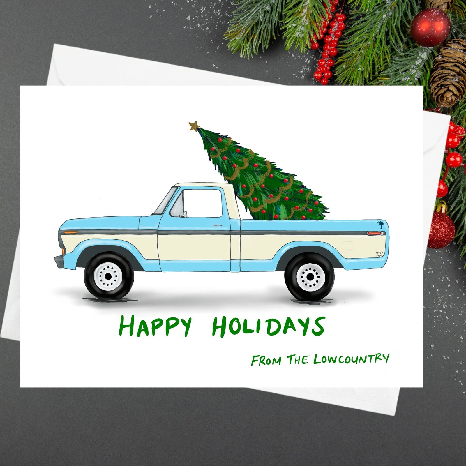 Vintage blue pickup with Christmas tree holiday card by Marshpuppy, hand-drawn Lowcountry Christmas greeting printed in USA.
