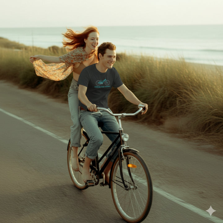 Two people riding a bicycle on a road with grass on either side. THe male is wearing a grey tshirt with a hand drawn bicycle and the wording Hilton head Public Transport