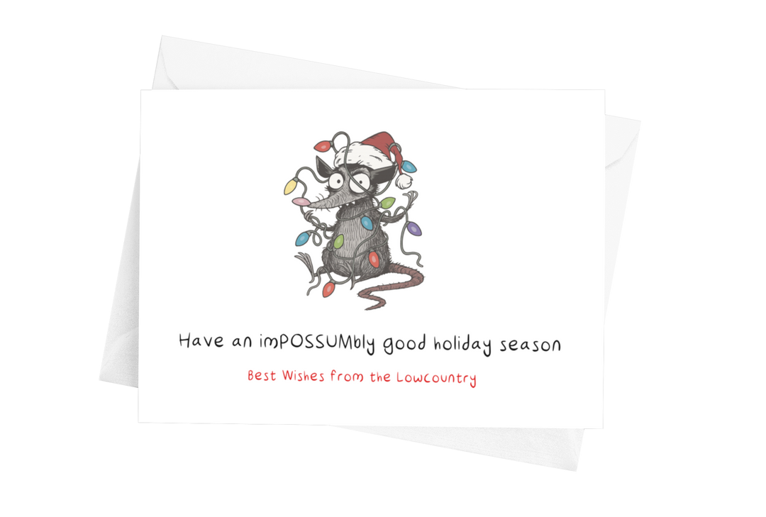 Funny opossum tangled in lights holiday card by Marshpuppy, humorous Lowcountry Christmas greeting.