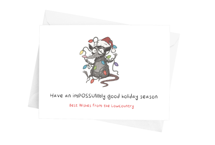 Funny opossum tangled in lights holiday card by Marshpuppy, humorous Lowcountry Christmas greeting.