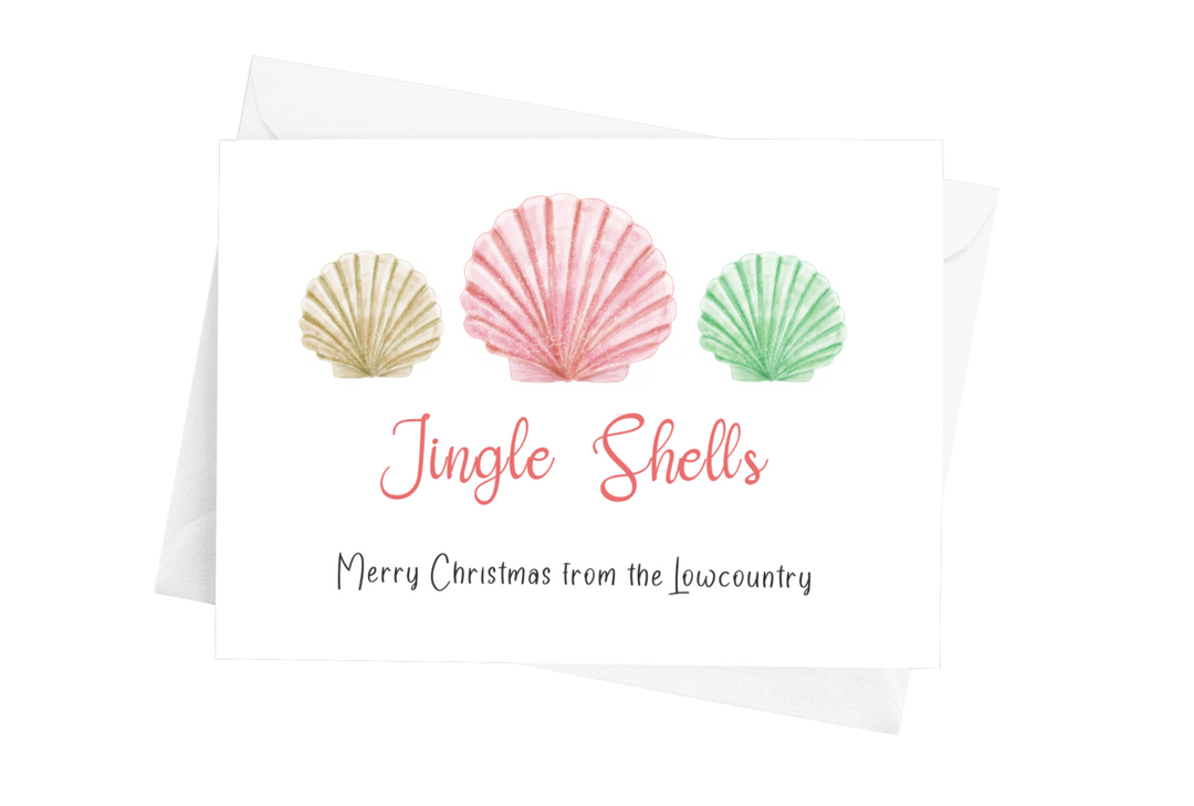 Coastal seashell Christmas card by Marshpuppy, watercolor Jingle Shells holiday greeting from the Lowcountry.