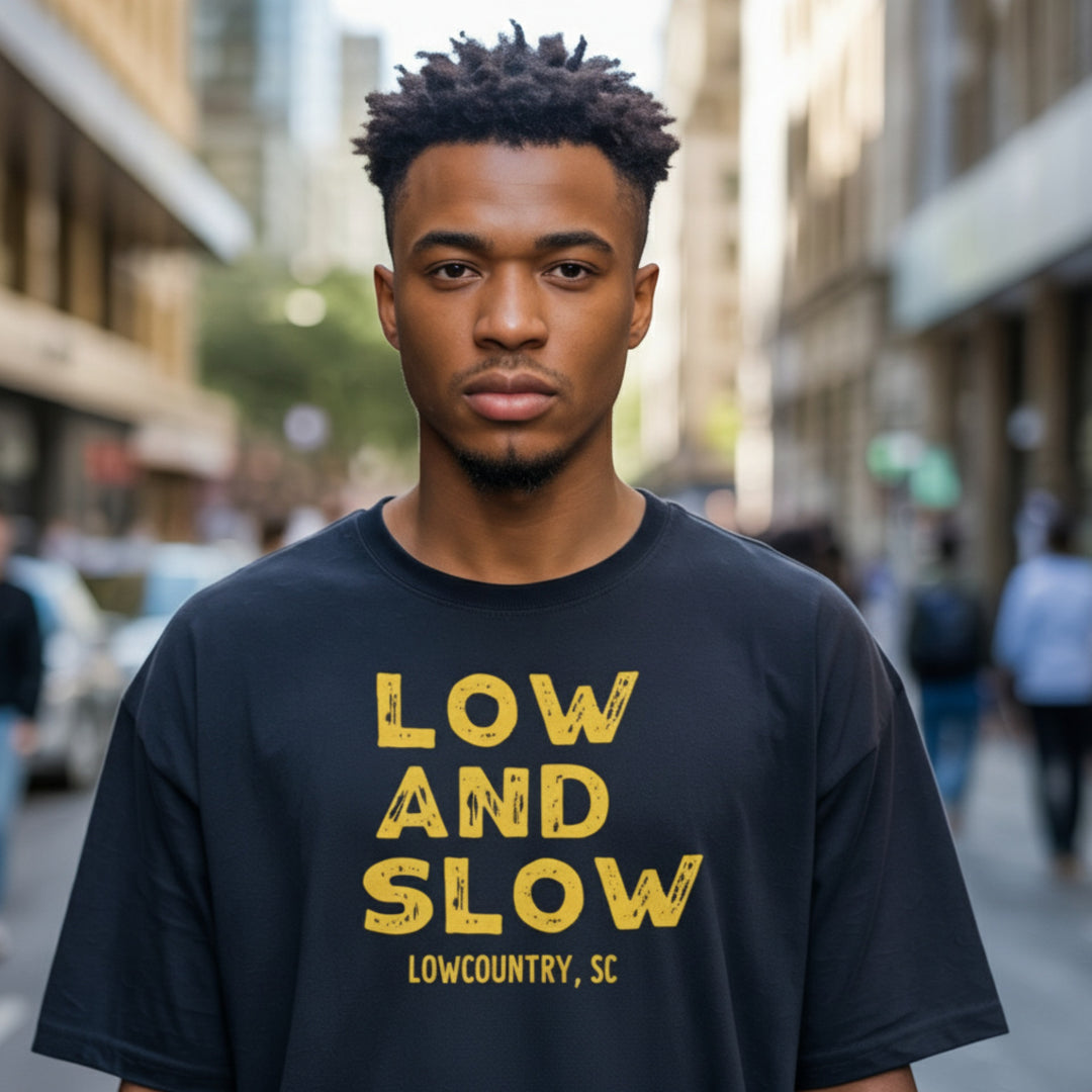 Man wearing a black t-shirt with 'Low and Slow Lowcountry, SC' text on a city street.