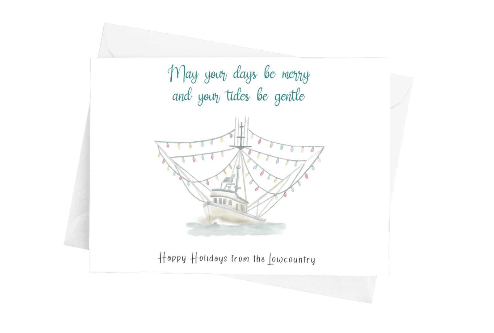Shrimp boat holiday card by Marshpuppy, watercolor coastal Christmas greeting from the Lowcountry.