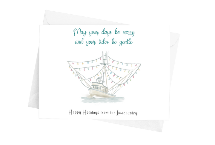Shrimp boat holiday card by Marshpuppy, watercolor coastal Christmas greeting from the Lowcountry.