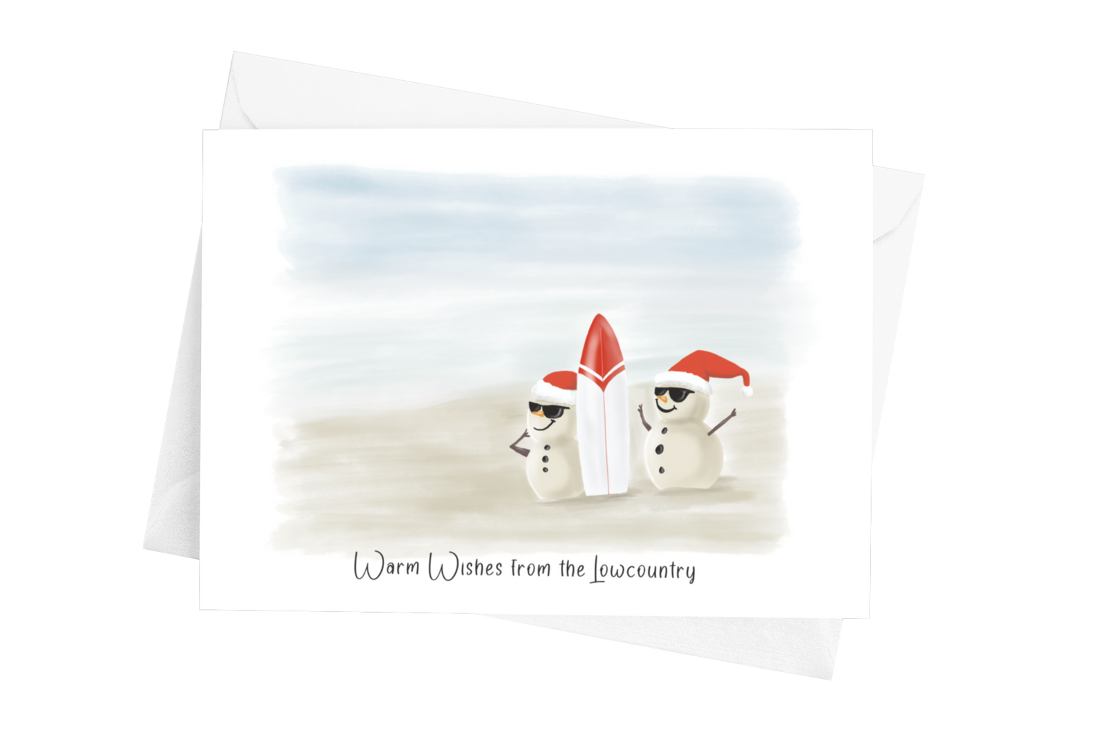Beach snowman Christmas card by Marshpuppy, Lowcountry holiday greeting with coastal charm and humor.