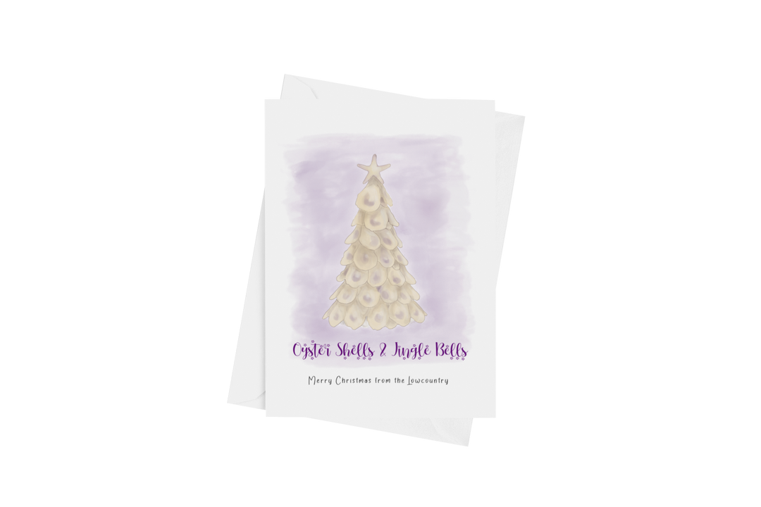 Hand-drawn oyster shell Christmas tree card by Marshpuppy, Lowcountry holiday greeting card printed in USA.