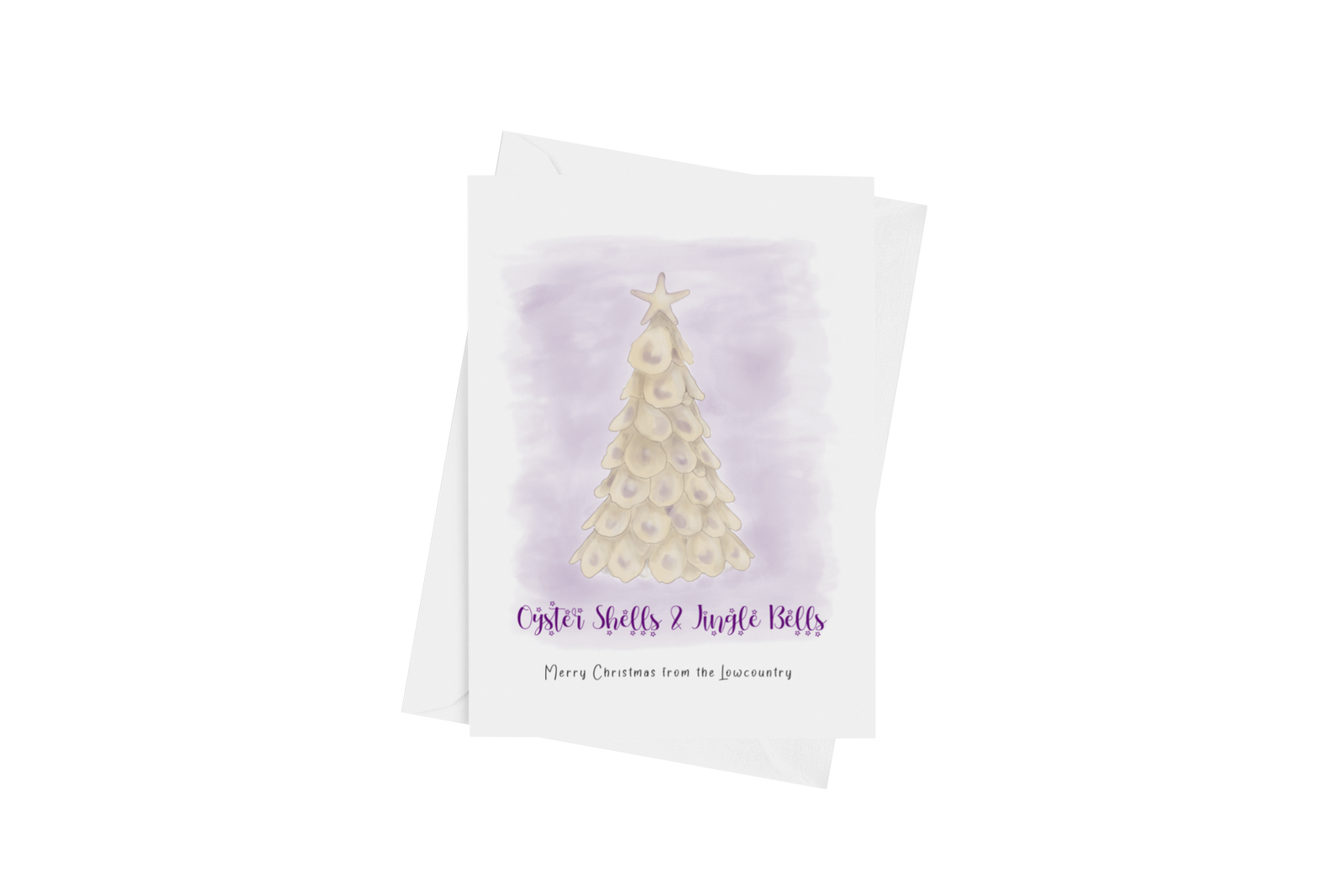 Hand-drawn oyster shell Christmas tree card by Marshpuppy, Lowcountry holiday greeting card printed in USA.